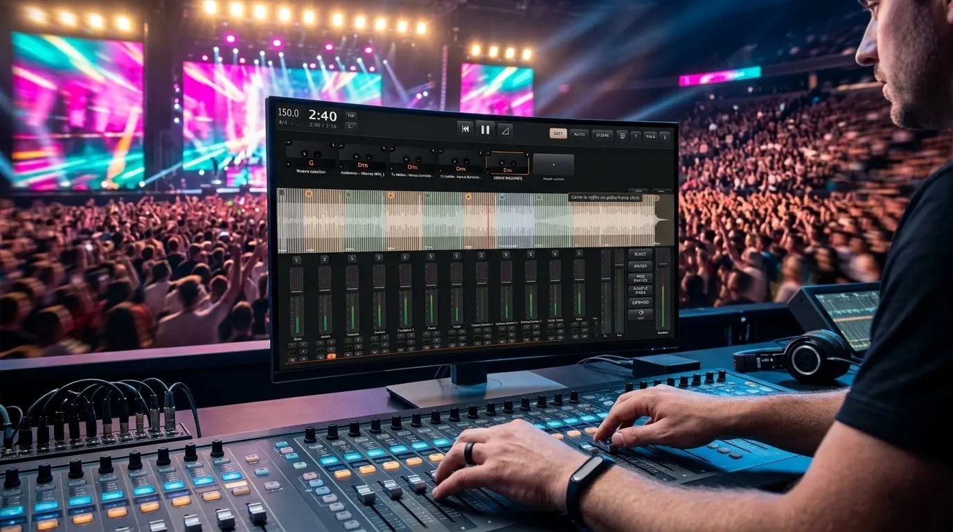 Ingeniero de sonido operando MS-Live frente a un escenario en vivo