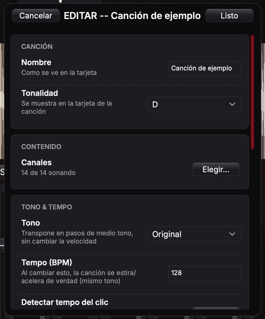 Panel de opciones de una canción