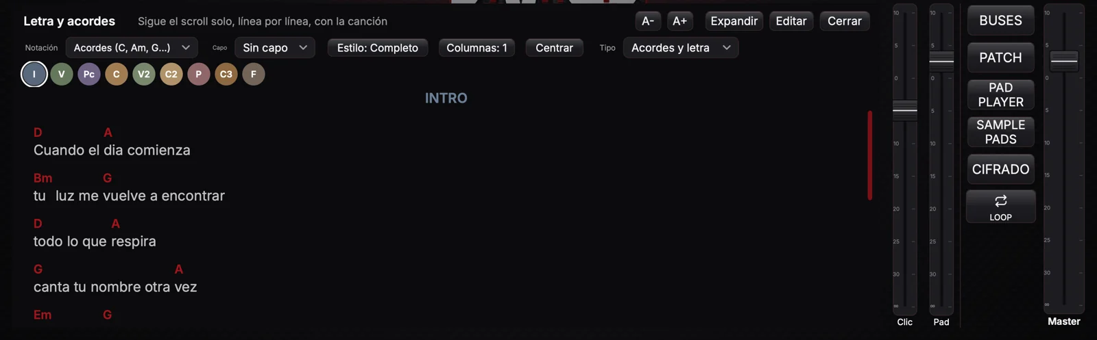 Panel de letra y acordes