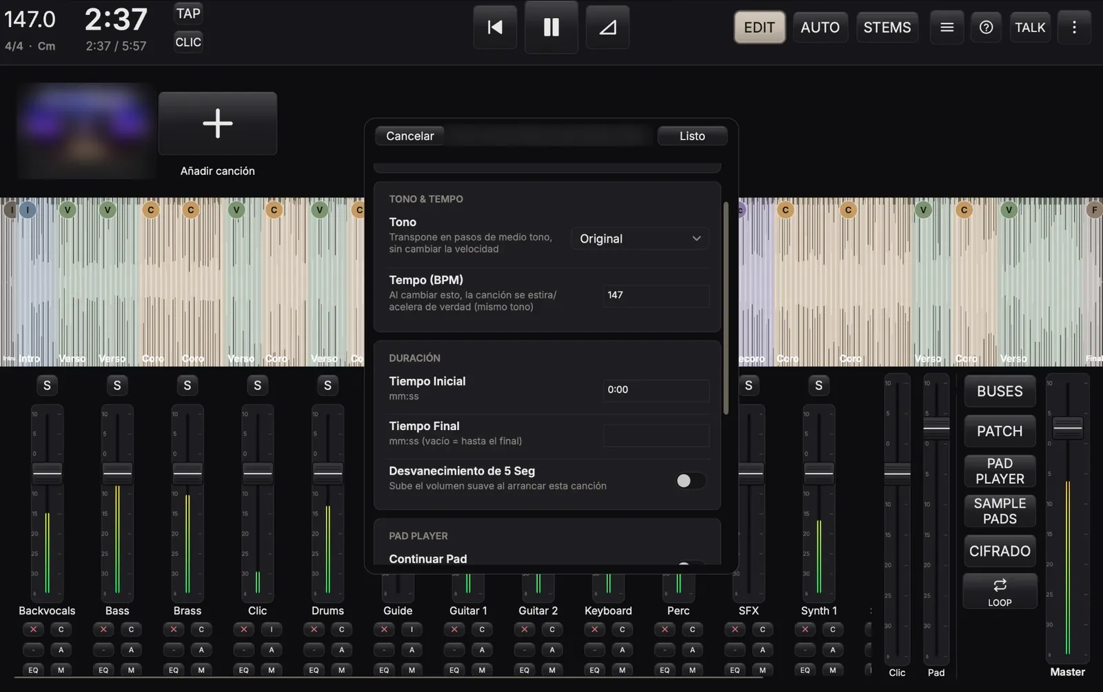 Modo edición: tono, tempo y duración de la canción