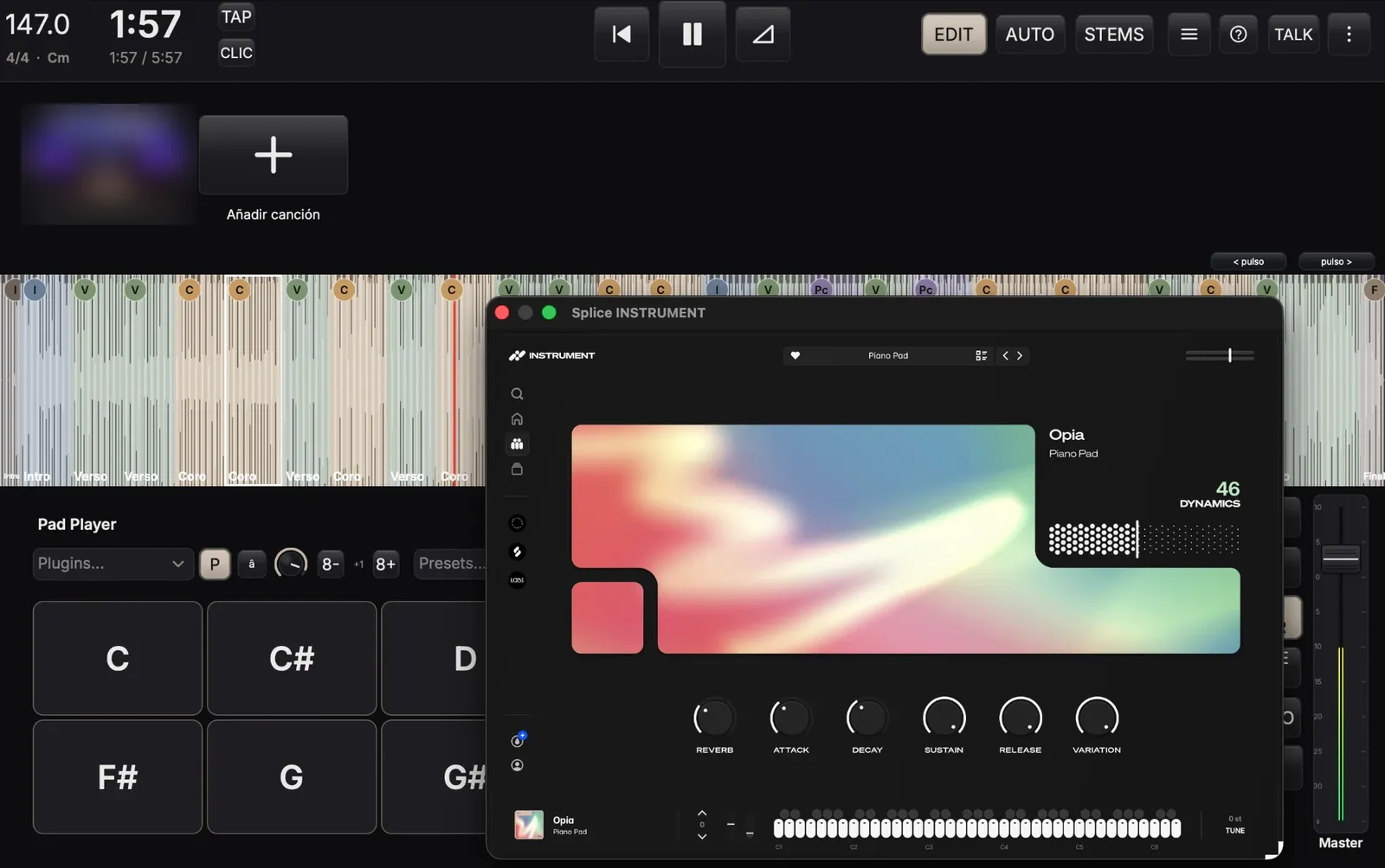 Un instrumento VST3 abierto dentro del Pad Player de MS-Live